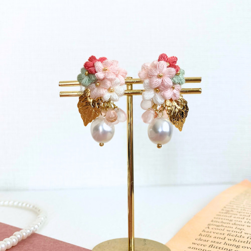 桜花爛漫】（桜パール）桜 ふんわり刺繍糸のお花 さくらのピアス