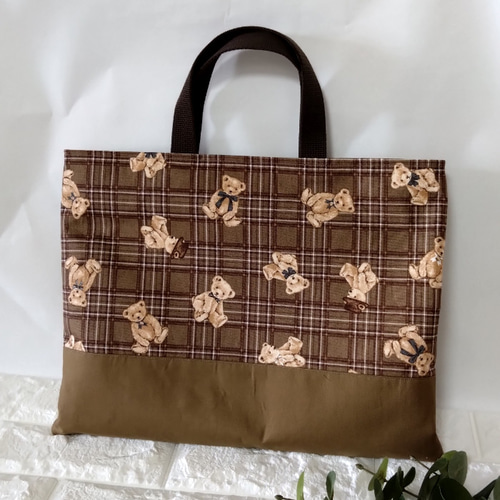 送料無料》通園・通学3点セット・タータンチェックなクマさん・茶