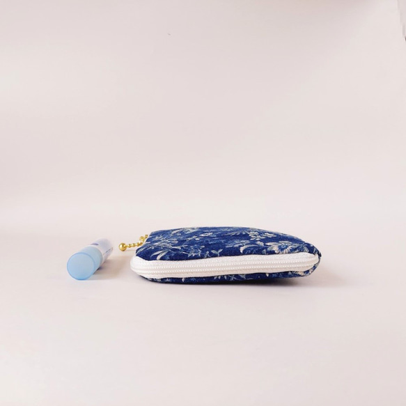 ミニL字ファスナー ポケット2つポーチ スマートキーケース ネイビーブルー*花柄 明るい紺色 10枚目の画像