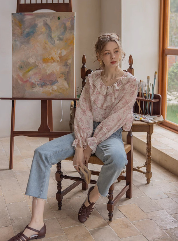 フリル襟　花柄ブラウス　長袖ブラウス