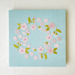 【送料無料】木製ファブリックパネル　桜リース刺繍 ブルー　23×23cm 14枚目の画像