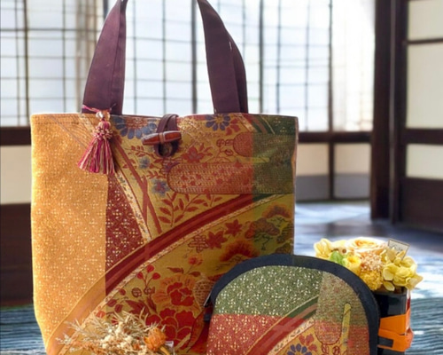 着物正絹帯リメイクハンドバッグ&ポーチ No.03 御所車・桔梗・松・牡丹