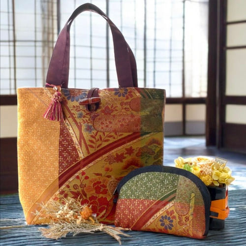 着物正絹帯リメイクハンドバッグ&ポーチ No.03 御所車・桔梗・松・牡丹