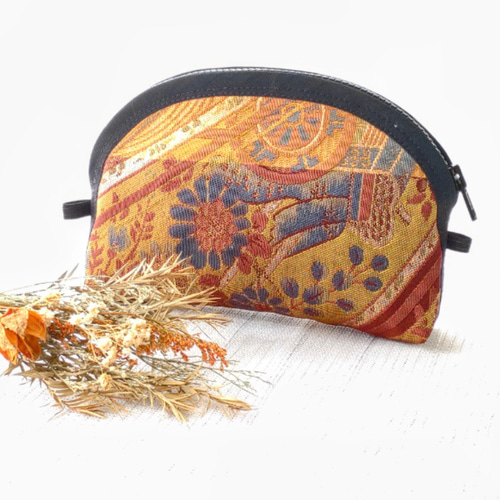 着物正絹帯リメイクハンドバッグ&ポーチ No.03 御所車・桔梗・松・牡丹