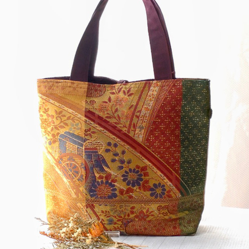 着物正絹帯リメイクハンドバッグ&ポーチ No.03 御所車・桔梗・松・牡丹