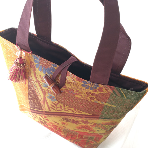 着物正絹帯リメイクハンドバッグ&ポーチ No.03 御所車・桔梗・松・牡丹