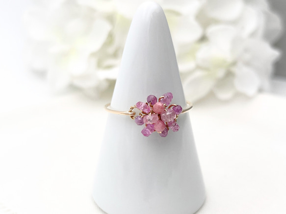 ［14kgf］ Bijou bouquet - ピンクサファイア ピンクスピネル ロードナイトのワイヤーリング 10枚目の画像