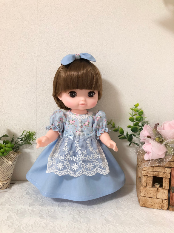 小花柄水色ワンピース３点セット☆26cmドール服＊ソランちゃん服　レミンちゃん服　コルネちゃん服 5枚目の画像