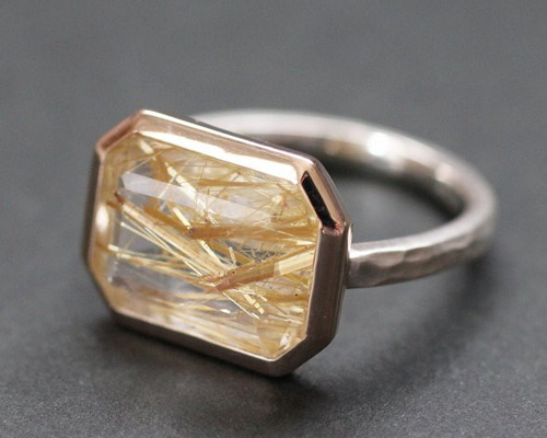 1点物 K10 ルチルクォーツ リング 12号（レクタングル）指輪 10金