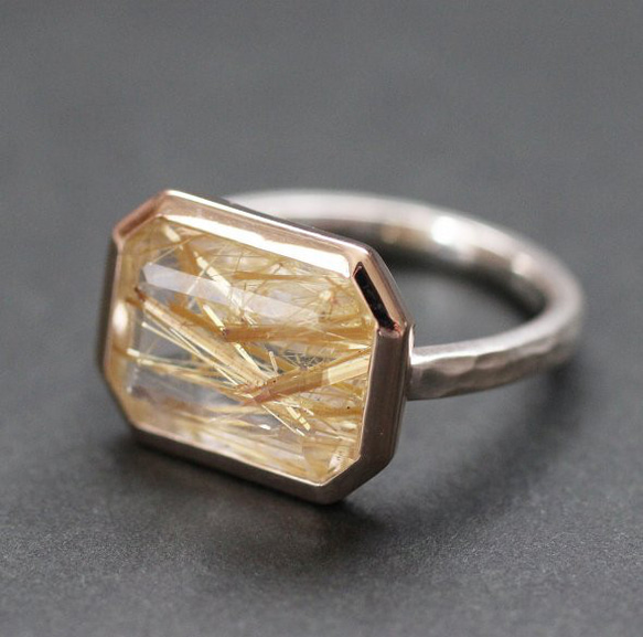 1点物 K10 ルチルクォーツ リング 12号（レクタングル）指輪 10金