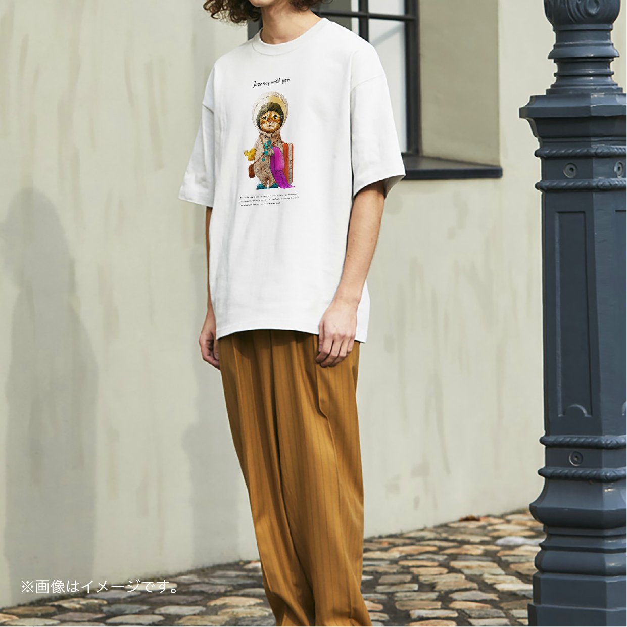 厚みのあるBIGシルエットTシャツ「Journey with you ついてくるネコ」/送料無料