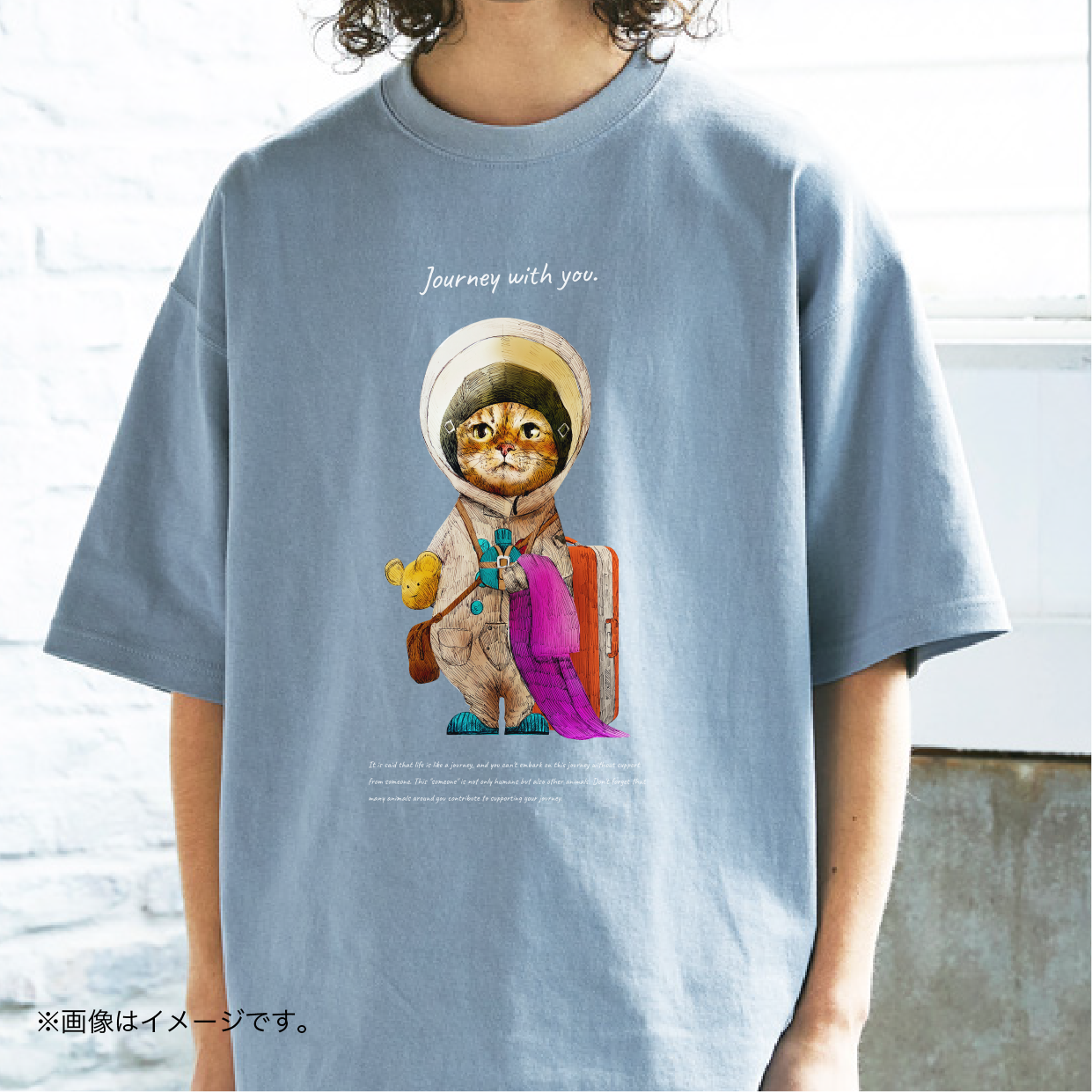厚みのあるBIGシルエットTシャツ「Journey with you ついてくるネコ」/送料無料