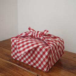 リネンとギンガムチェックの風呂敷/お弁当包みに 赤 5枚目の画像