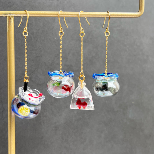 片耳販売】金魚すくいのミニチュアピアス イヤリング イヤーカフ