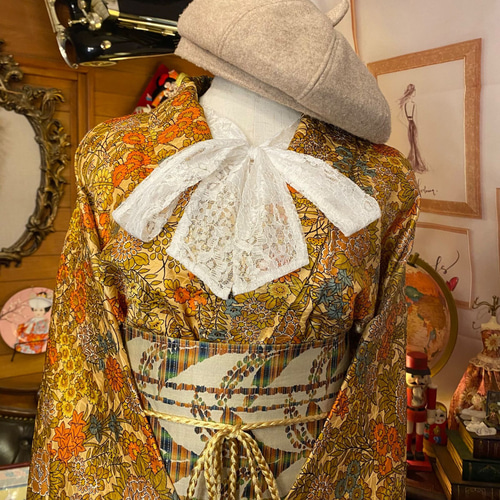 着物 洗える 化繊 ワンピース ドレス ハンドメイド リメイク 名古屋帯  