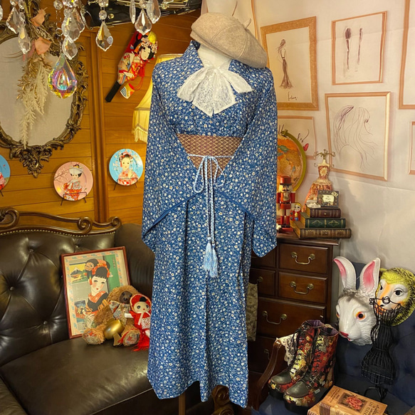 着物 洗える 化繊 ワンピース ドレス ハンドメイド リメイク 帯サッシュベルト KW-335 3枚目の画像