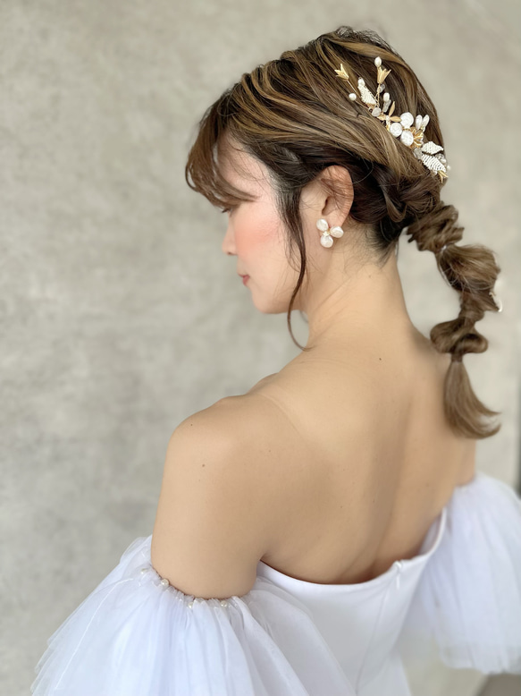 パールフラワービーズリーフコーム　花嫁ヘア　ブライダルアクセサリー　和装ヘア結婚式 8枚目の画像