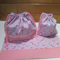 入園準備☆お弁当袋、コップ袋、ランチョンマット☆紫ユニコーン柄 1枚目の画像