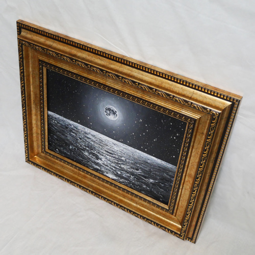【作品名】：油絵【白黒の満月と星空の海】 油絵 油彩 油彩画 絵 絵画 【白黒の満月と星空の海】 絵画 HR