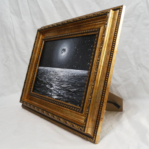 油絵 油彩 油彩画 絵 絵画 【白黒の満月と星空の海】 絵画 HR