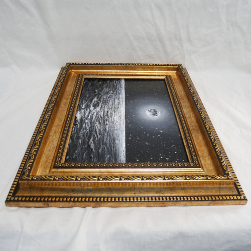 油絵 油彩 油彩画 絵 絵画 【白黒の満月と星空の海】 絵画 HR