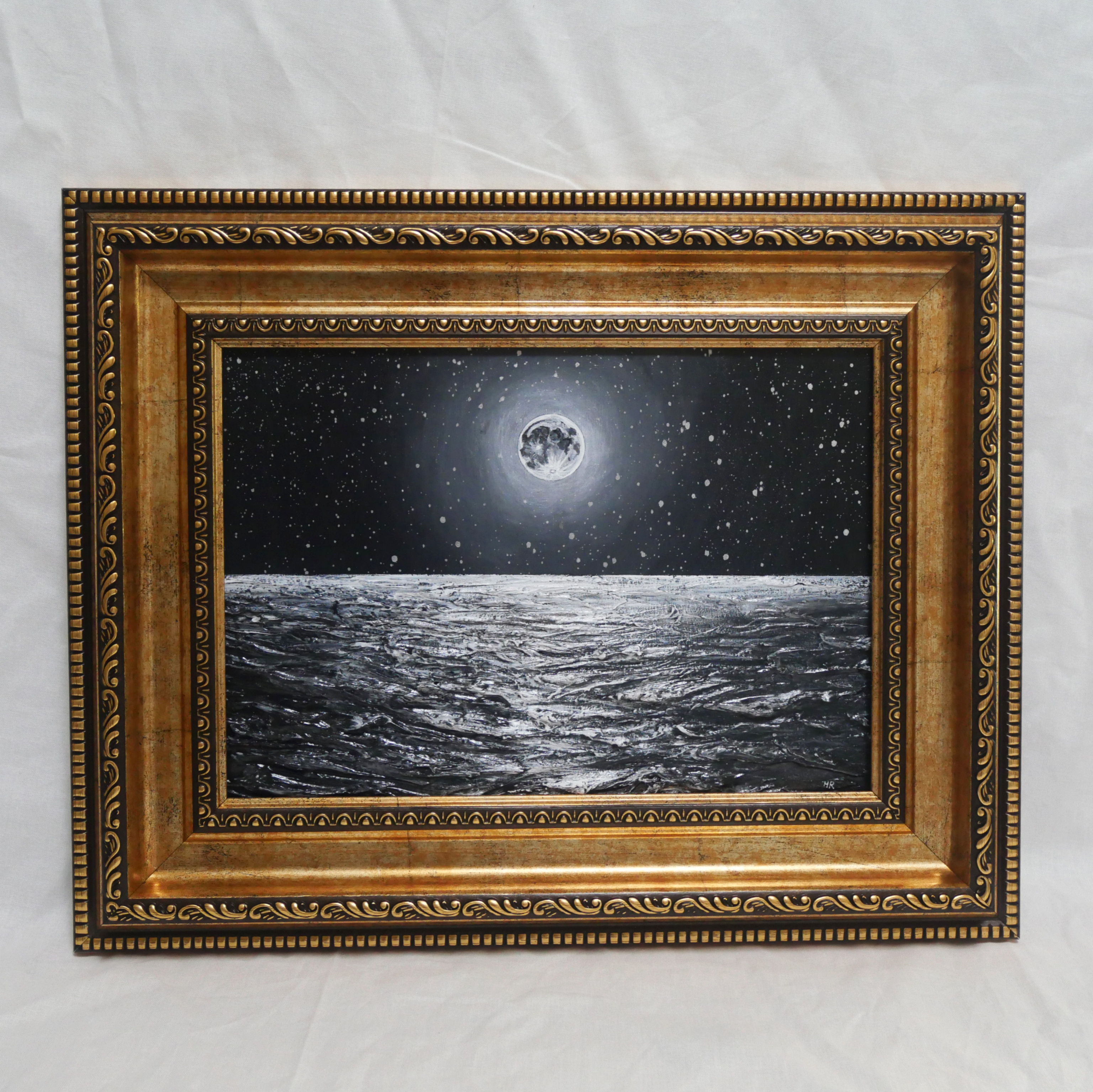 油絵 【白黒の満月と星空の海】 絵画 油彩画 絵 油彩