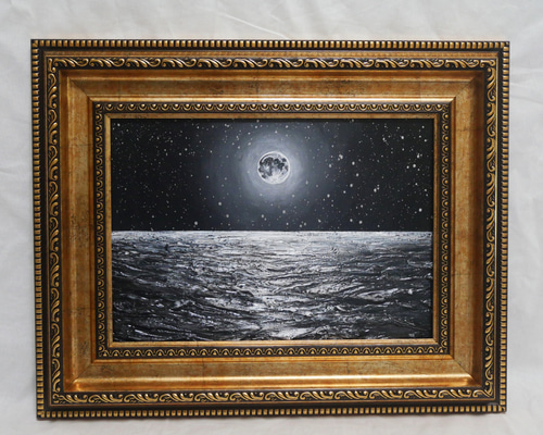 【作品名】：油絵【白黒の満月と星空の海】 6b227373e26a8e3762bb6e5751d690