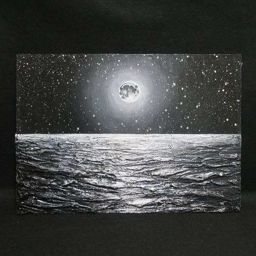 油絵 油彩 油彩画 絵 絵画 【白黒の満月と星空の海】 絵画 HR