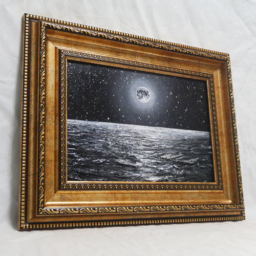油絵 油彩 油彩画 絵 絵画 【白黒の満月と星空の海】 絵画 HR 通販