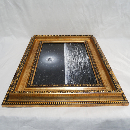 【作品名】：油絵【白黒の満月と星空の海】 油絵 油彩 油彩画 絵 絵画 【白黒の満月と星空の海】 絵画 HR