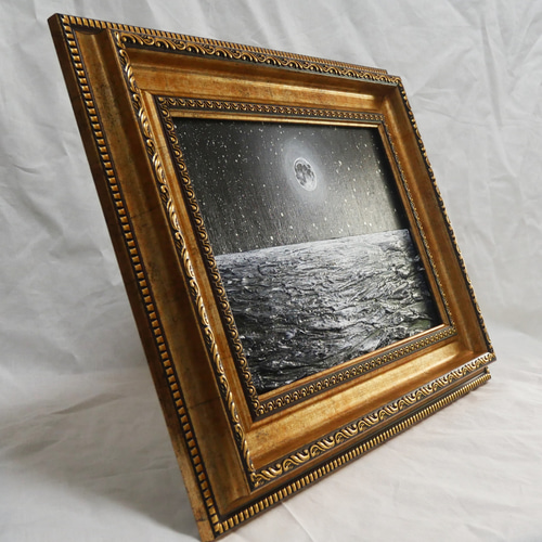 油絵 油彩 油彩画 絵 絵画 【白黒の満月と星空の海】 絵画 HR 通販