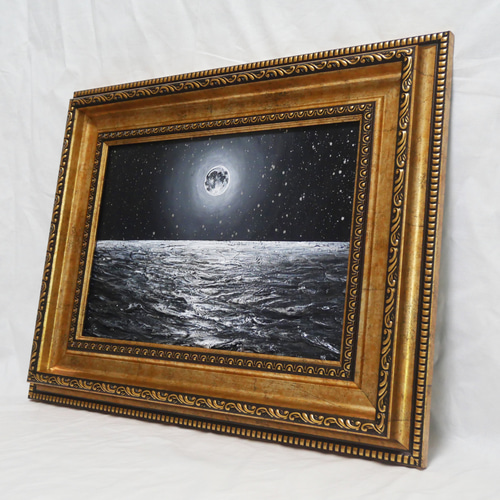 油絵 油彩 油彩画 絵 絵画 【白黒の満月と星空の海】 絵画 HR 通販