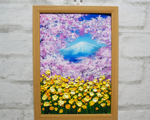油絵 油彩 油彩画 絵 絵画 【桜と富士山と菜の花】 絵画 HR 通販