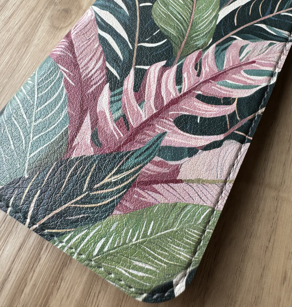 【ベルトなし手帳型】TROPICAL LEAVES PINK &GREEN 手帳型スマホケース ハワイ 植物 ボタニカル 6枚目の画像