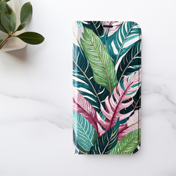 【ベルトなし手帳型】TROPICAL LEAVES PINK &GREEN 手帳型スマホケース ハワイ 植物 ボタニカル 5枚目の画像