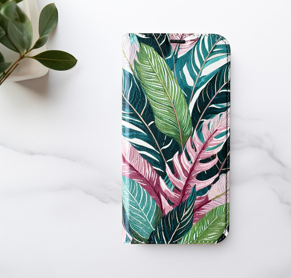 【ベルトなし手帳型】TROPICAL LEAVES PINK &GREEN 手帳型スマホケース ハワイ 植物 ボタニカル 5枚目の画像