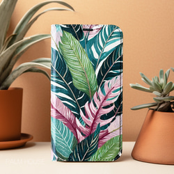 【ベルトなし手帳型】TROPICAL LEAVES PINK &GREEN 手帳型スマホケース ハワイ 植物 ボタニカル 7枚目の画像