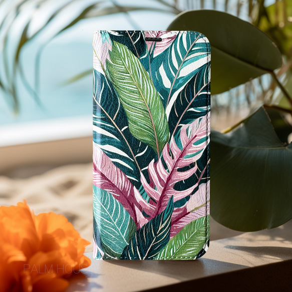 【ベルトなし手帳型】TROPICAL LEAVES PINK &GREEN 手帳型スマホケース ハワイ 植物 ボタニカル 2枚目の画像