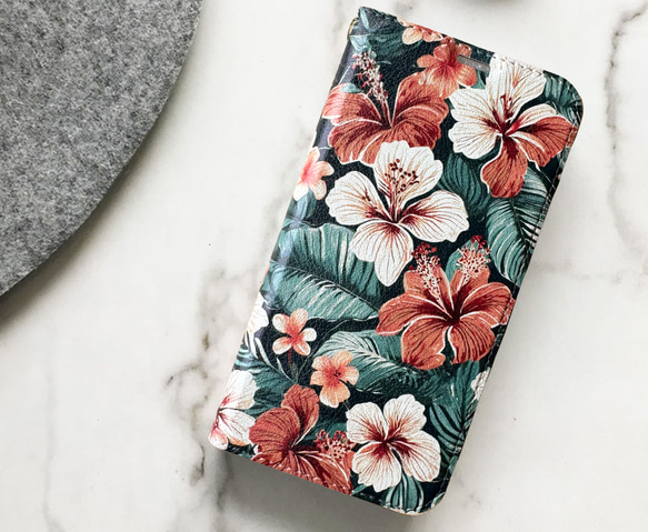 【ベルトなし手帳型】RETRO HIBISCUS iPhone スマホケース アート ハワイ　ハイビスカス 1枚目の画像