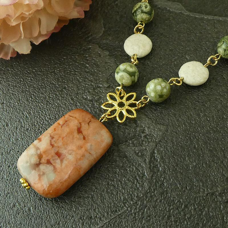 天然石ネックレス　「ラッキージャスパーとライオライト」　ネックレス　春色新作2024  ロングネックレス