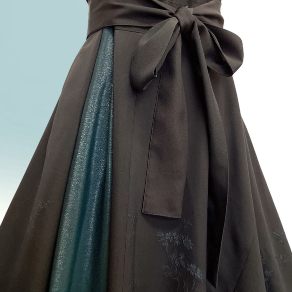 ラメブルー 和で魅せるフレアーワンピース 着物リメイク パッチワーク 演奏会 着物ドレス 和柄 L～2L  B6311 4枚目の画像