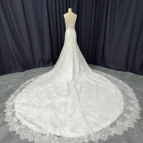 総レース Vネック 長いトレーン マーメイド ドレス ウララ--安心  