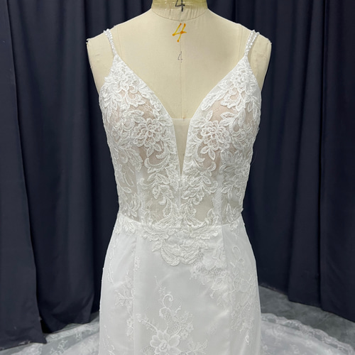 総レース Vネック 長いトレーン マーメイド ドレス ウララ--安心  