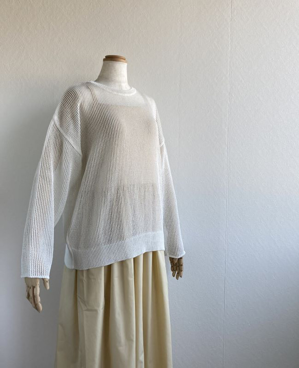 『春夏』コットン100％　サラッとした透かし編みセーター　【ホワイト】 1枚目の画像