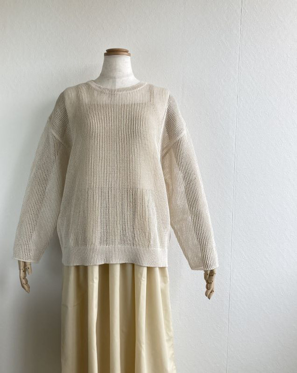 『春夏』コットン100％　サラッとした透かし編みセーター　【ベージュ】 1枚目の画像
