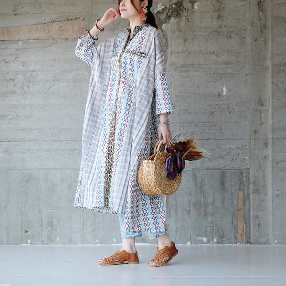 舒適超寬♪寬鬆拼布襯衫裙 (24s-12) 藍色 第2張的照片