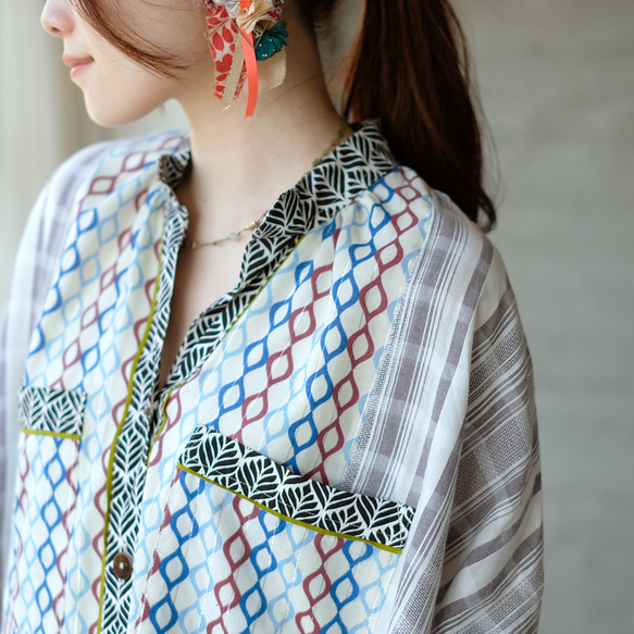 舒適超寬♪寬鬆拼布襯衫裙 (24s-12) 藍色 第8張的照片