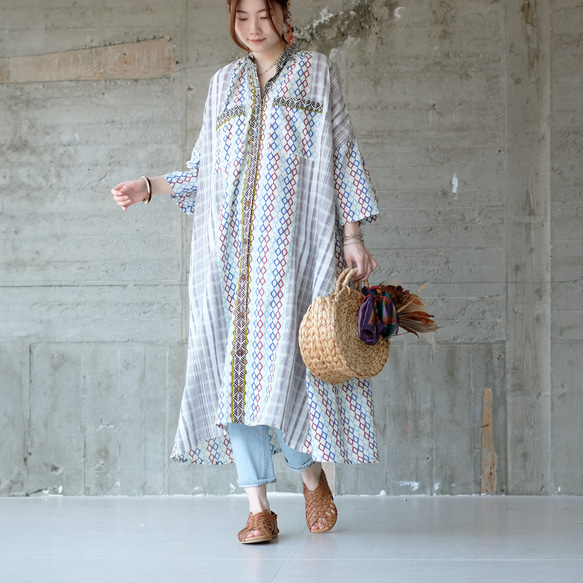 舒適超寬♪寬鬆拼布襯衫裙 (24s-12) 藍色 第1張的照片