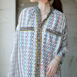 舒適超寬♪寬鬆拼布襯衫裙 (24s-12) 藍色 第7張的照片