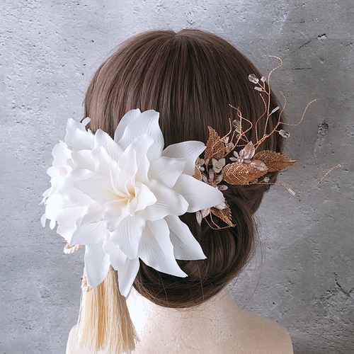 八重咲ユリとゴールドモチーフの髪飾り 卒業式 結婚式 前撮り 和装